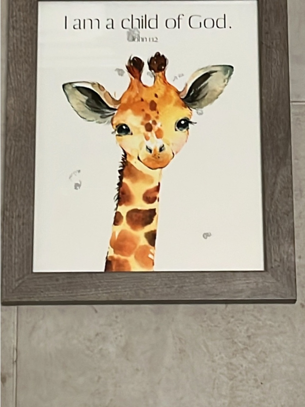 Neutral Framed Giraffe Wall Art – 'I Am a Child of God' John 1:12